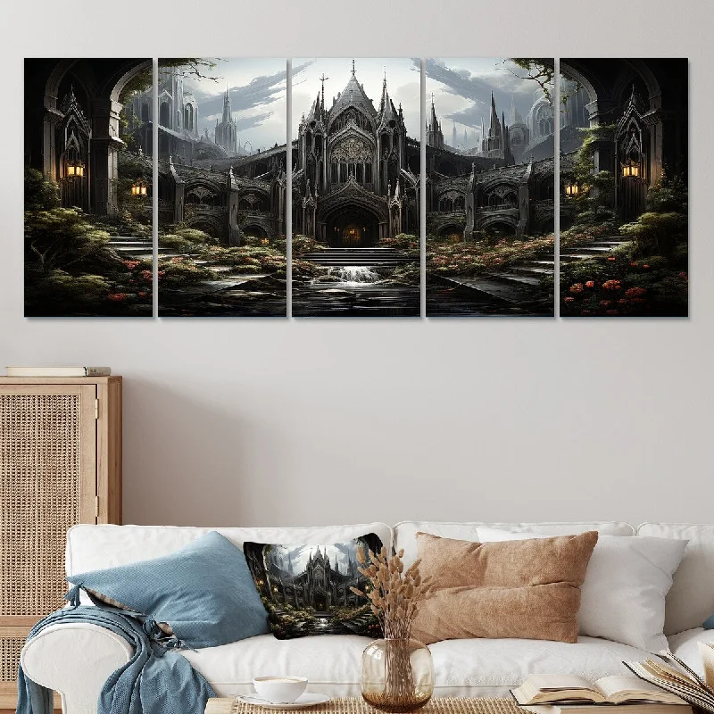 wall prints for kitchen decor-Designart "Black Neo Ecclesiastic Vision Church III" Black Church Set Of 5 Cabin Oversized Canvas Art For Bedroom Decor