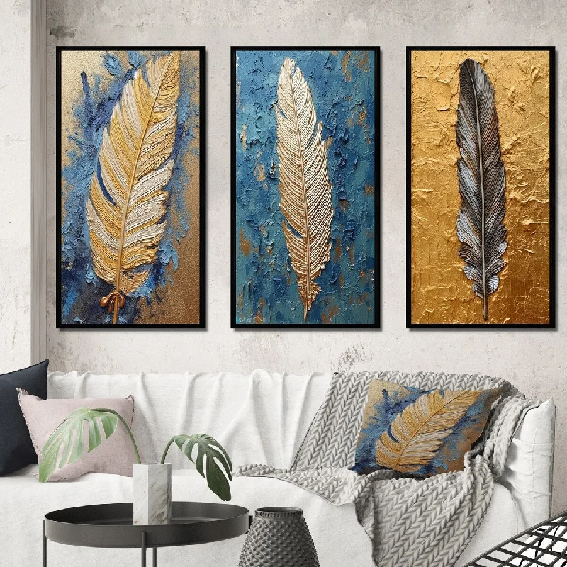 space art for home decor-Designart "Boho Glam Exquisite Gold On Blue Feather PaintingI" Feathers Frame Gallery Set Of 3 For Office Decor