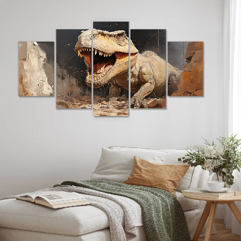 artistic wall paintings for home-Designart "Brown Prehistoric Dinosaur Canyon II" Brown Dinosaur Set Of 5 Modern Oversized Wall Decor Art For Living Room