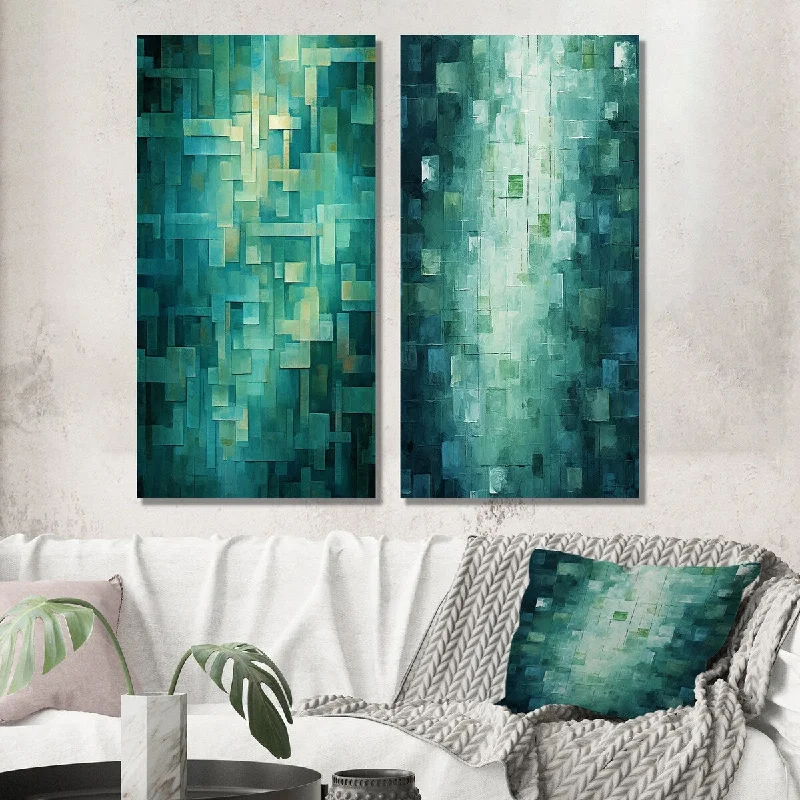 unique canvas art prints-Designart "California Sunshine Abstract Cubist Turquoise I" Abstract Painting Wall Art Set of 2 Modern Living Room Decor