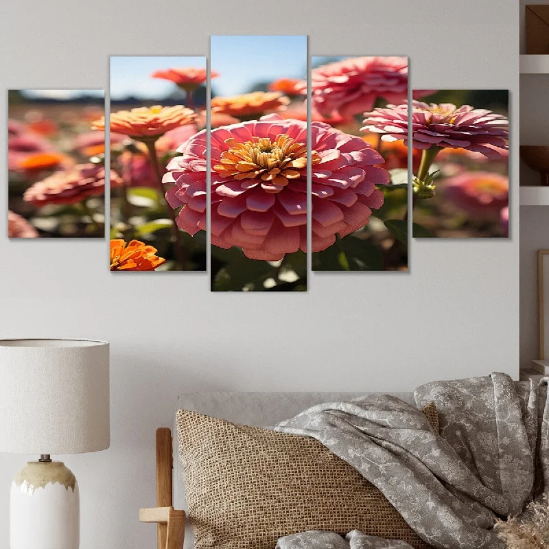 minimalistic wall decor-Designart "Colorful Zinnias Field At Sunrise III" Floral Multipanel Canvas Print set