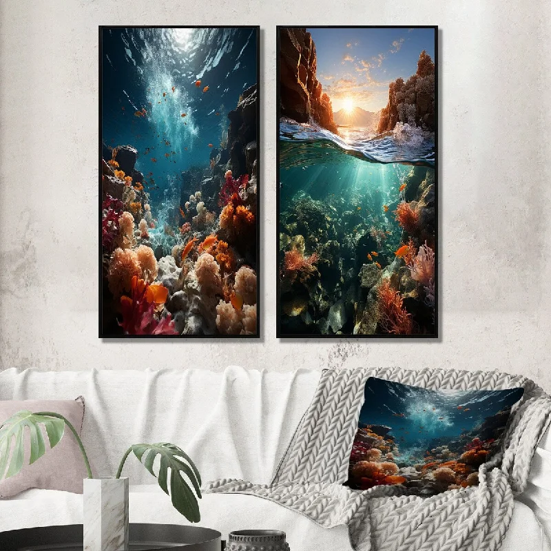 animal-themed wall prints-Designart "Coral Reefs In Australia Nature Coastal I" Coastal Waves Framed Wall Art - Coastal Wall Art Set Of 2