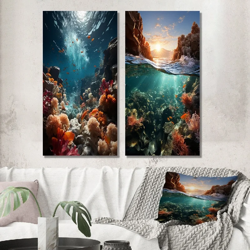 home decor wall art-Designart "Coral Reefs In Australia Nature Coastal I" Coastal Waves Wall Art Set of 2 - Coastal Printed Wall Décor