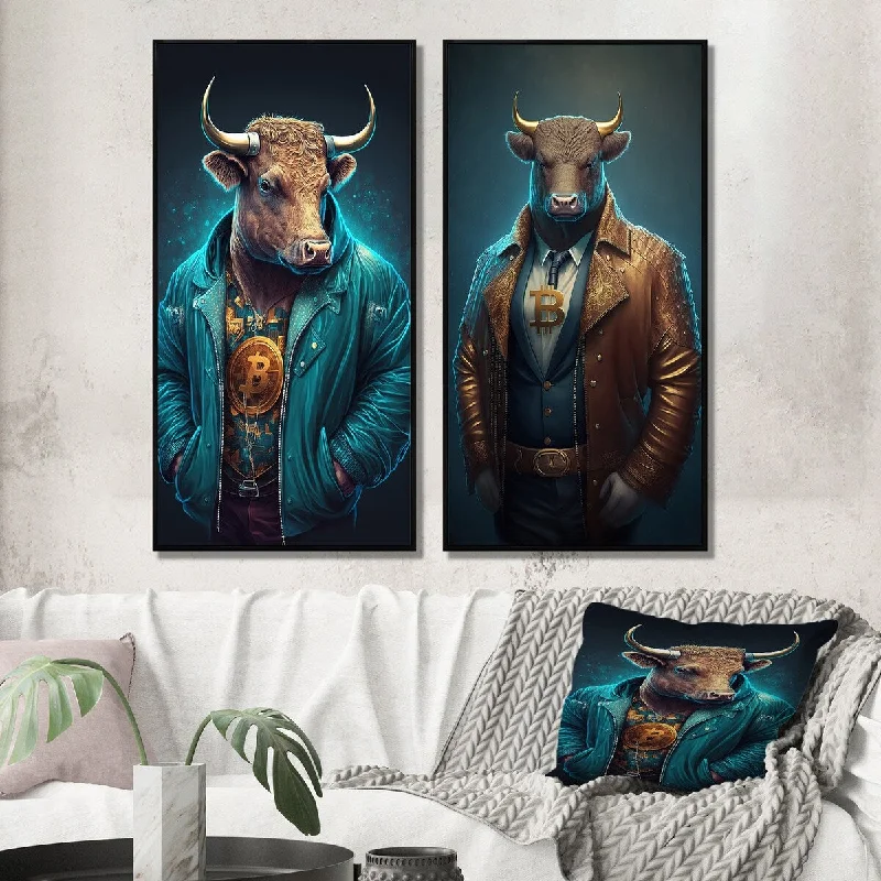 watercolor wall art-Designart "Fancy Bitcoin Bull With Bitcoin Chain I" Animals Framed Wall Art Set Of 2 Canvas Set For Living Room Decor