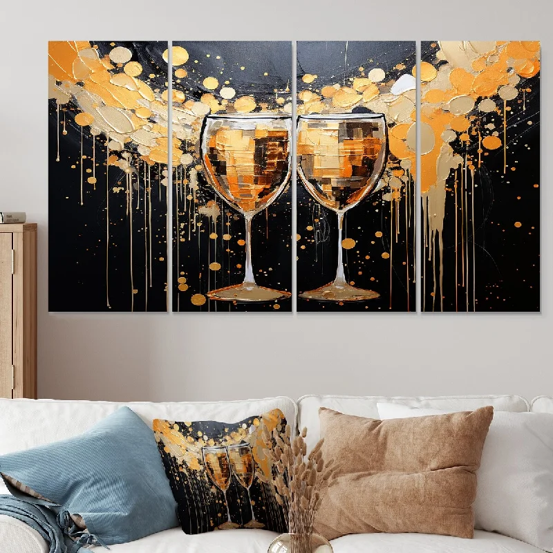 modern canvas wall prints-Designart "Gold And Black Champagne Essence" Champagne Extra Large Canvas Set Of 4 Oversized Traditional Wall Art Decor