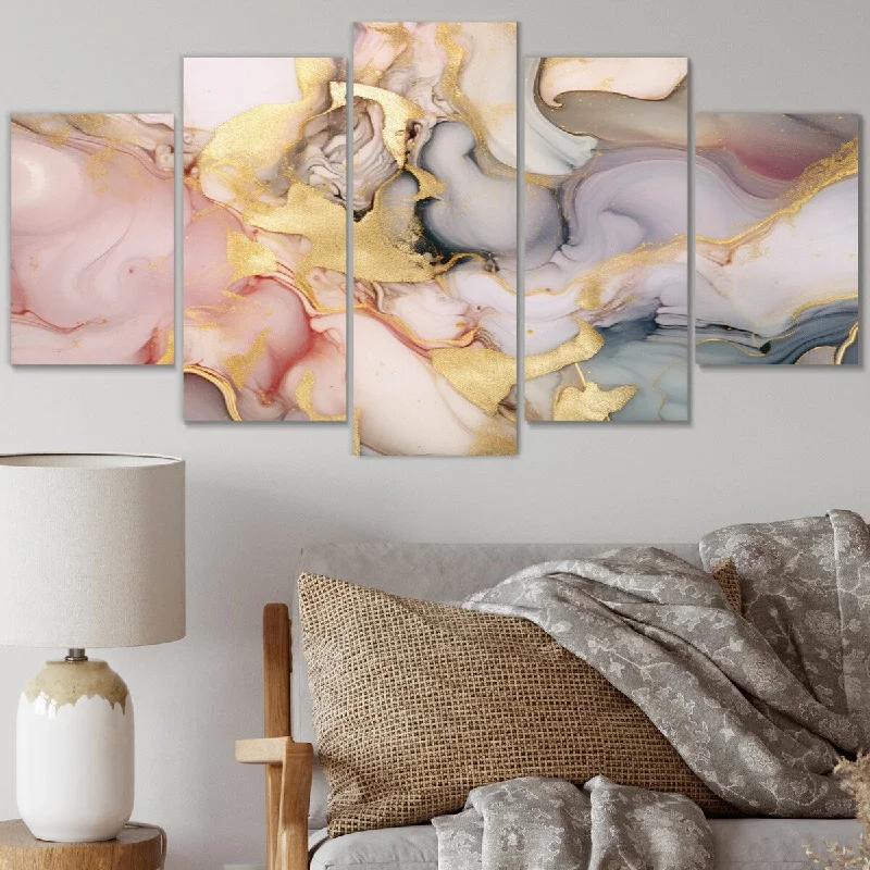 animal-themed wall prints-Designart "Grey and Pink Tender Liquid Ink Art I" Fractals Multipanel Canvas Print set