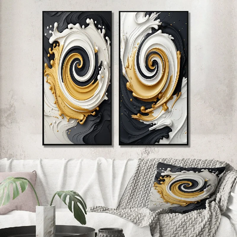 ocean wall decor-Designart "Liquid Gold Black & White Textured Spiral Magic II" Abstract Spirals Gallery Set Of 2 For Office Decor