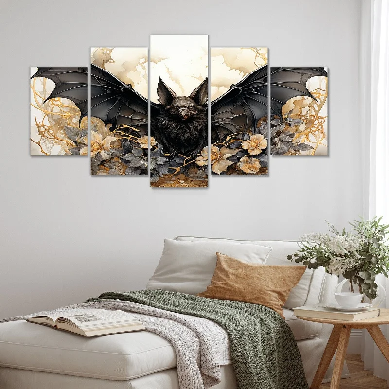 contemporary modern wall art-Designart "Minimalist Bat Silhouette" Black Bat Set Of 5 - Modern Farmhouse Oversized Wall Decor Art For Living Room