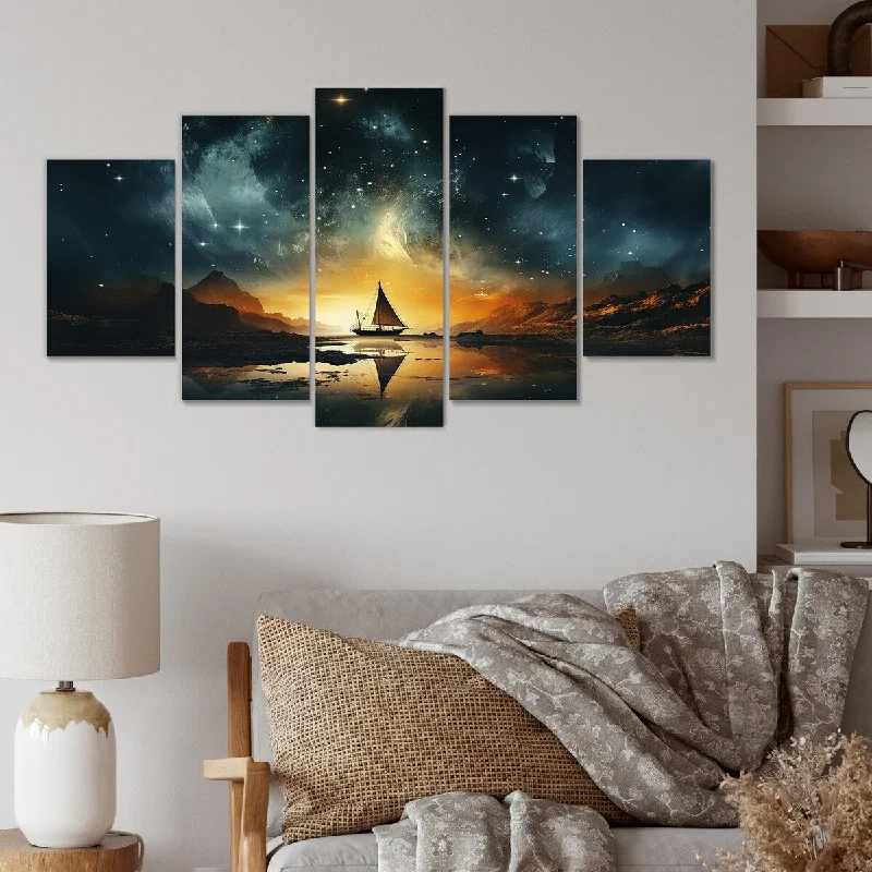 space art for home decor-Designart "Moonlit Sunset Sailboat Silhouette" Coastal Minimalism Set Of 5 - Oversized Canvas Art For Bedroom Decor