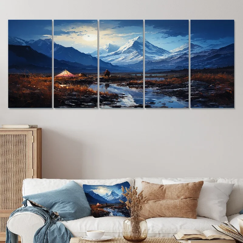 modern coastal wall decor-Designart "Mountain Camping Solitude I" Blue Camping Travel Set Of 5 - Country Oversized Canvas Wall Art For Entryway