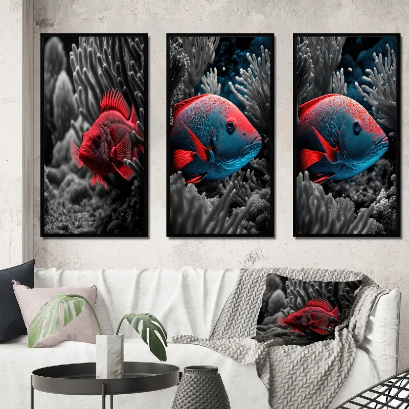 boho wall decor prints-Designart "Mysterious Tropical Fish In Blue And Red II" Animal Fish Frame Gallery Wall Set Of 3 For Home Decor