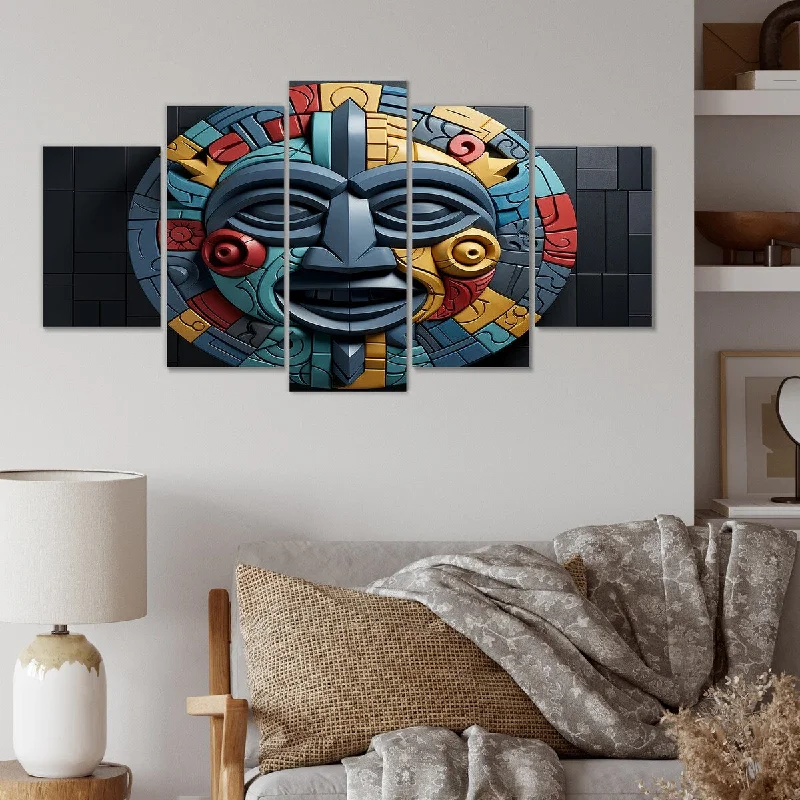 large colorful canvas art-Designart "Mystical African Mask Songye Power I" African Mask Set Of 5 - Global Oversized Wall Decor Art For Living Room