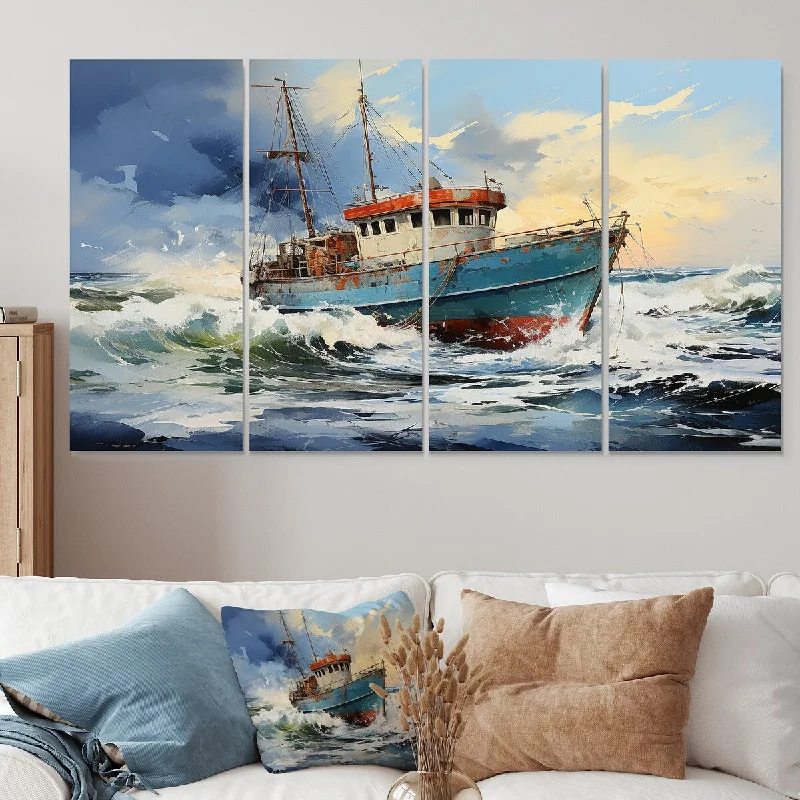 wall paintings for dining room-Designart "Nautical Boating Adventure" Coastal Boat Extra Large Canvas Set Of 4 Oversized Coastal Wall Art For Entryway