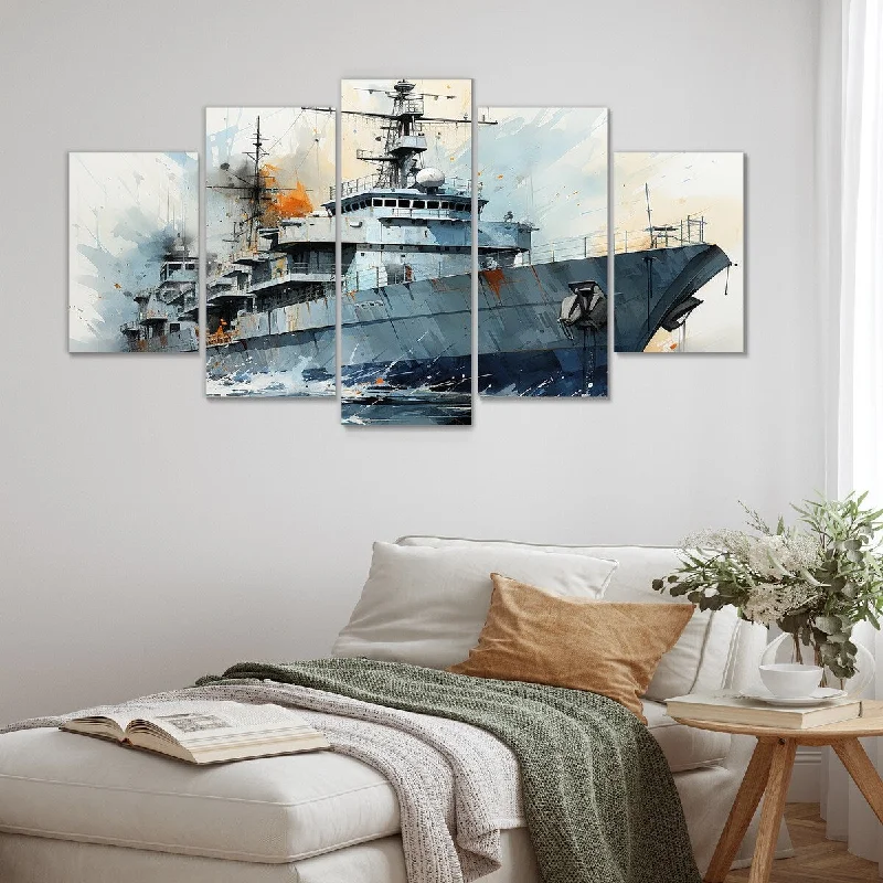 living room canvas art-Designart "Navy Army Boat Frigate II" Grey Military Set Of 5 - Global Oversized Wall Art Decor For Hallway