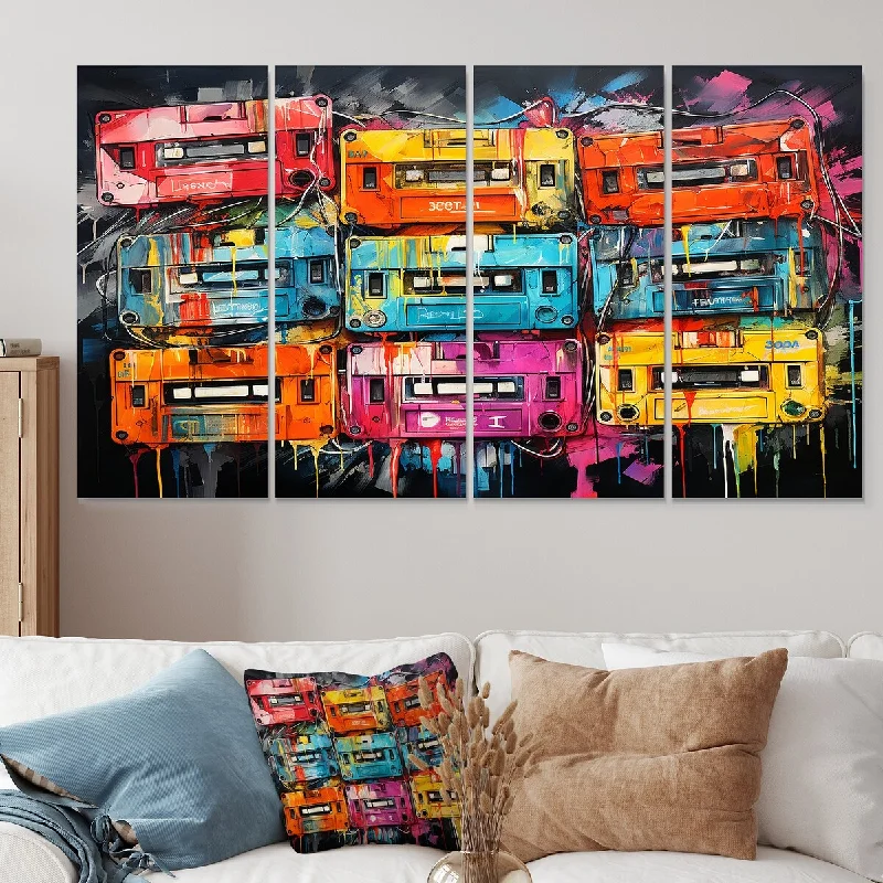 pastel color wall art-Designart "Neon Groove Cassette Tapes II" Cassette Tapes Extra Large Canvas Set Of 4 - Oversized Modern Art For Bedroom