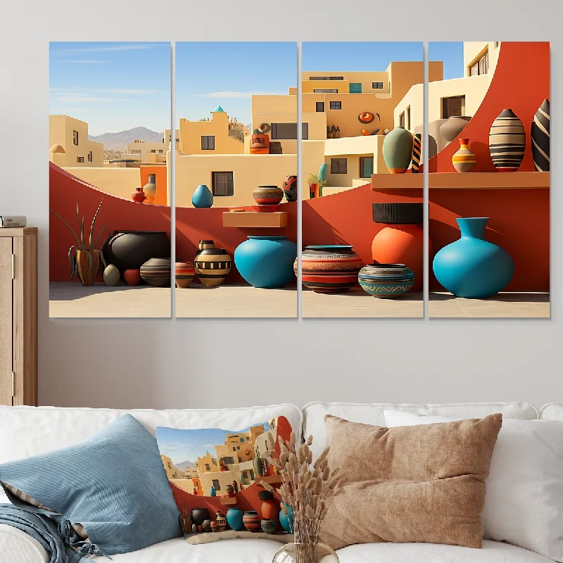 landscape paintings for living room-Designart "Red Cubist Pottery Formation" Boho Pottery Extra Large Canvas Set Of 4 - Oversized Bohemian Wall Art Decor