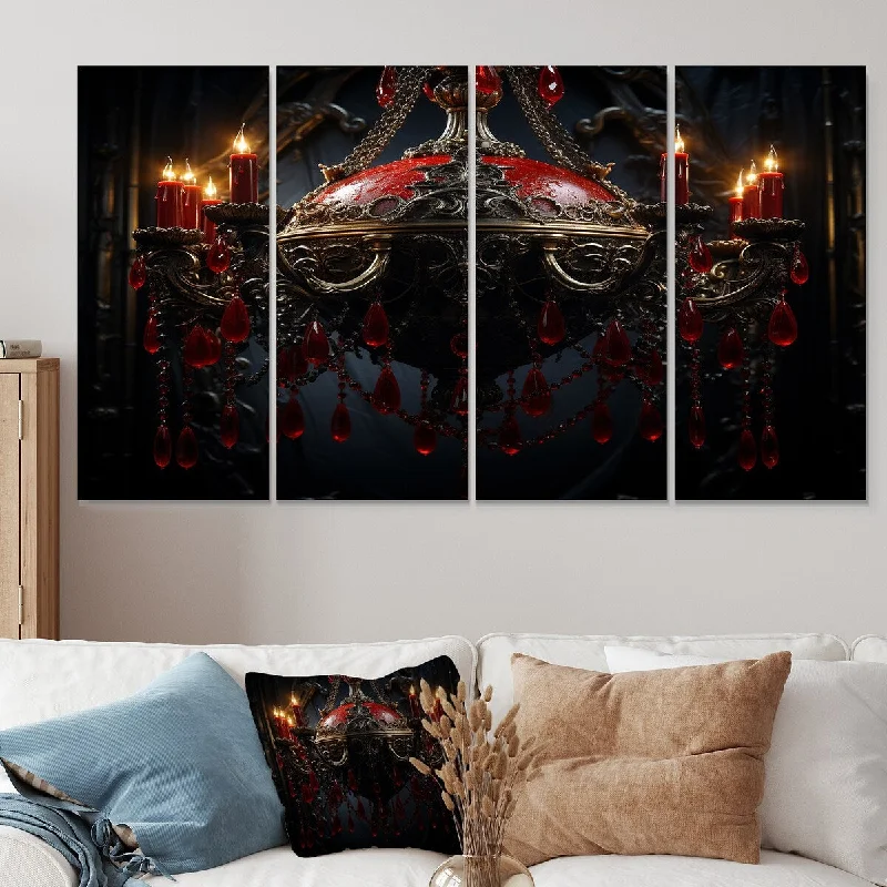 colorful canvas for living room-Designart "Red Gothic Luminary Grace" Chandelier Extra Large Canvas Set Of 4 - Oversized Glam Wall Art Decor For Hallway