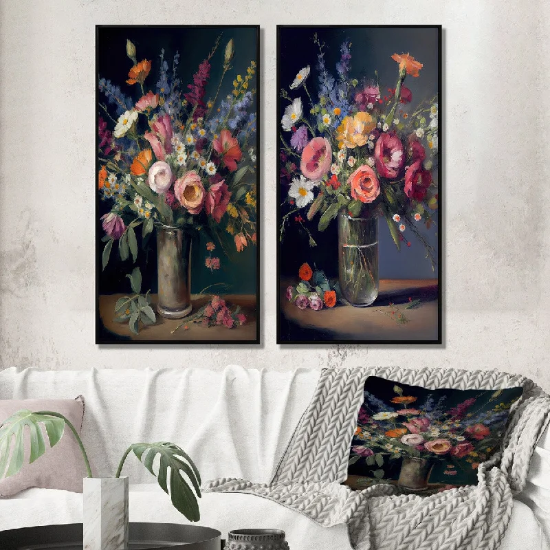 digital art prints for walls-Designart "Retro Still Life With Blossoming Wildflowers I" Floral Wall Art Décor Canvas Set For Living Room Decor