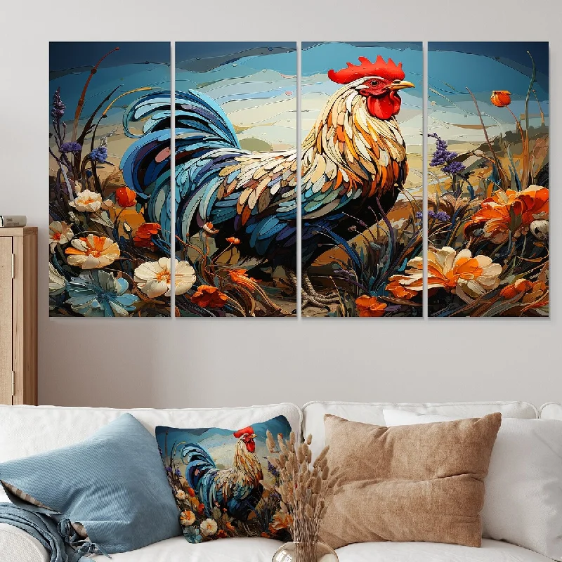 modern wall art for office-Designart "Rooster Floral Farm Meadow" Rooster Canvas Set Of 4 - Oversized Modern Farmhouse Wall Art For Entryway