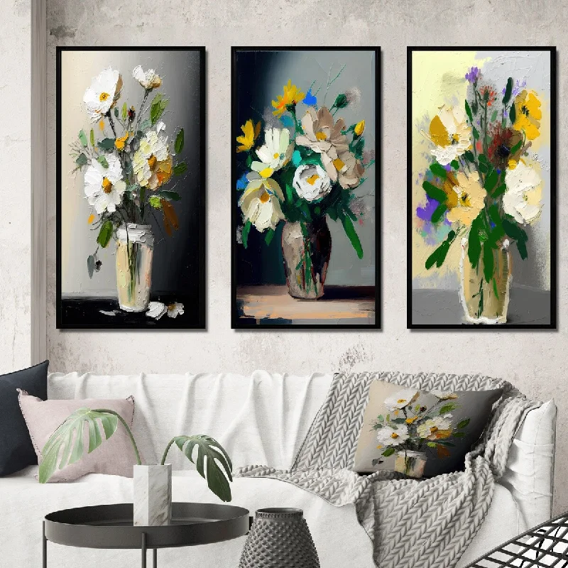 abstract expressionism wall art-Designart "Still Life With Blossoming White Flowers I" Floral Framed Wall Art Set Of 3 - Traditional For Home Decor