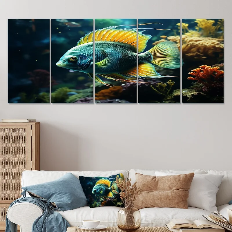 playful abstract paintings-Designart "Surreal Fish Underwater World I" Blue Butterfly Fish Set Of 5 - Modern Oversized Canvas Wall Art For Entryway