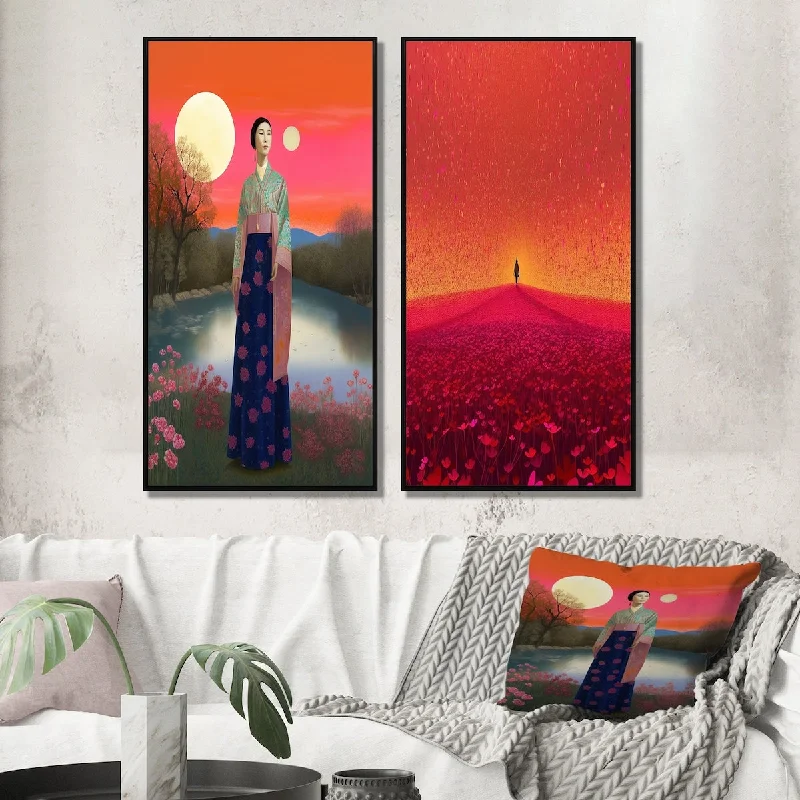 creative abstract wall paintings-Designart "Traditional Japanese Woman Full Moon Retro Art" Asian Art Framed Wall Art - Global Wall Art Set Of 2