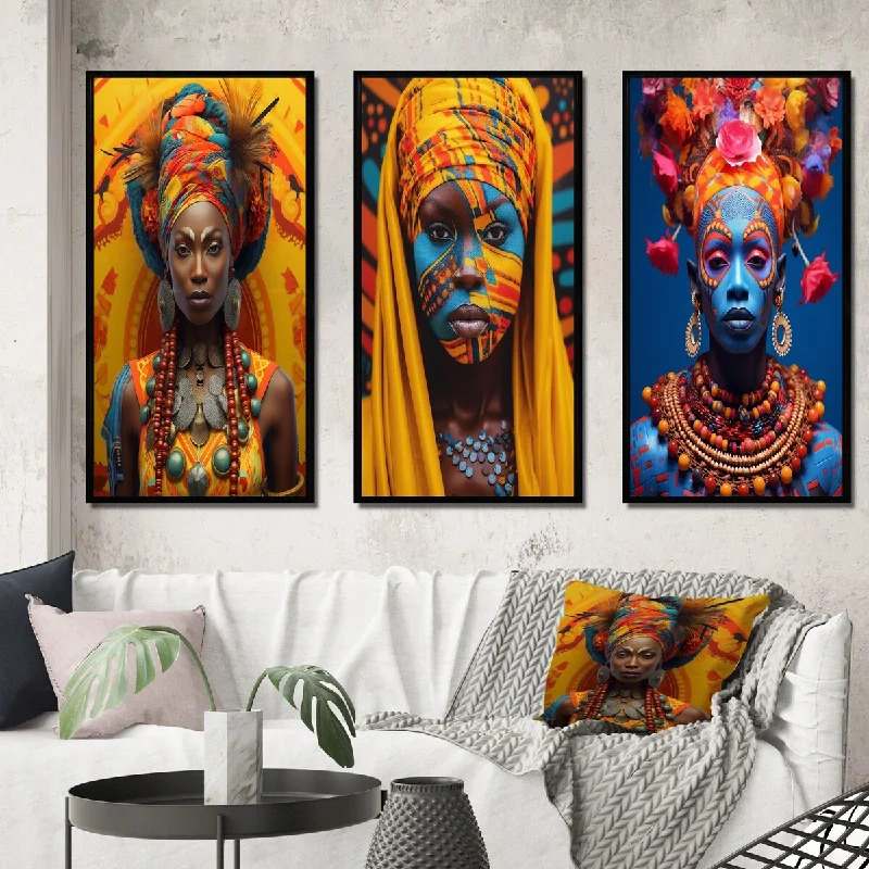 coastal home wall decor-Designart "Vibrant Traditional African Festive Portraits II" Boho Woman Framed Wall Art Set Of 3 - Glam For Office Decor