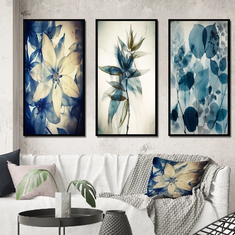 tropical wall paintings-Designart "Vintage Botanical Wildflowers In Faded Blue III" Abstract Botanicals Framed Wall Set Of 3 For Home Decor