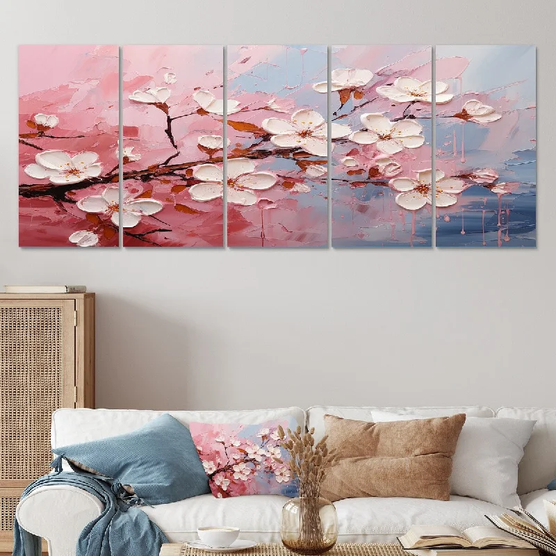 modern pop art canvas prints-Designart "White And Pink Cherry Tree Bloom III" Pink Cherry Set Of 5 Traditional Oversized Canvas Wall Art For Entryway