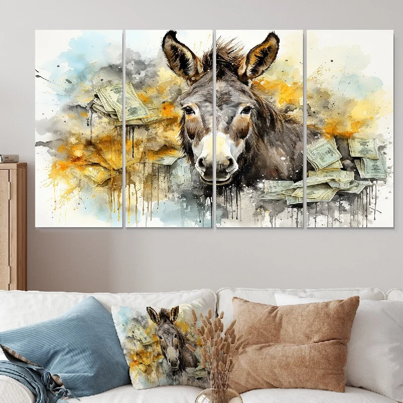 large framed wall art-Designart "Yellow Donkey Absurdity II" Donkey Extra Large Canvas Set Of 4 - Oversized Modern Farmhouse Wall Art