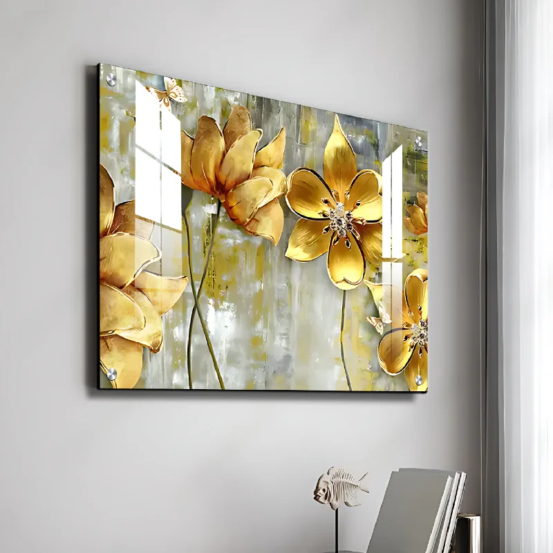 bedroom wall art paintings-Flowers 3D Gold Art Luxury Wall Painting