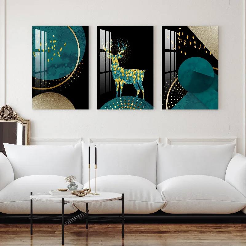 large scale canvas art-Golden Birds with Marble Deer Acrylic Wall Art (Set of 3)