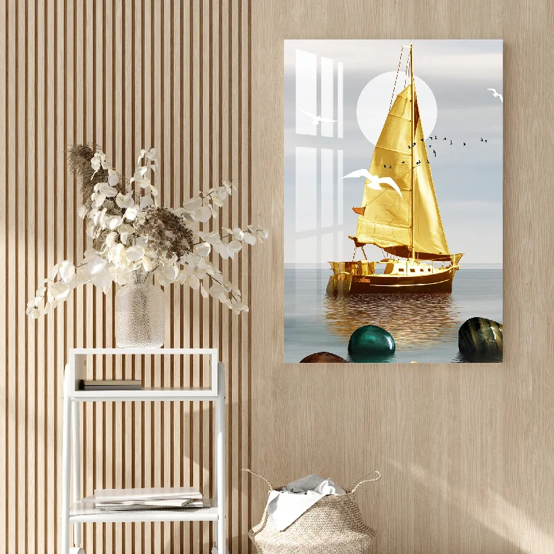 luxury canvas art for home-Golden Ship Acrylic Wall Art