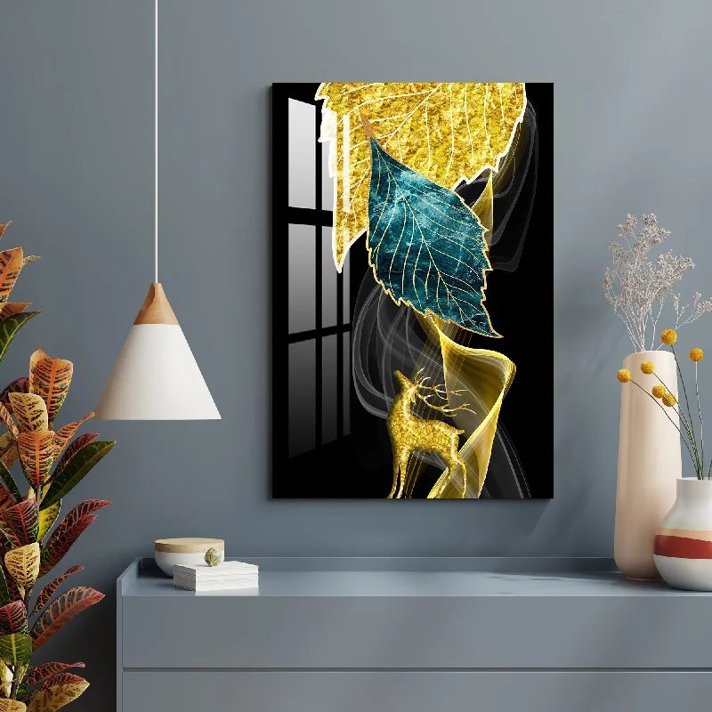 luxury home wall art decor-Leaves with Golden Deer Acrylic Wall Art