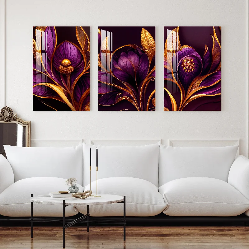 contemporary home decor art-Purple Flowers with Golden Leaves Acrylic Wall Art (Set of 3)