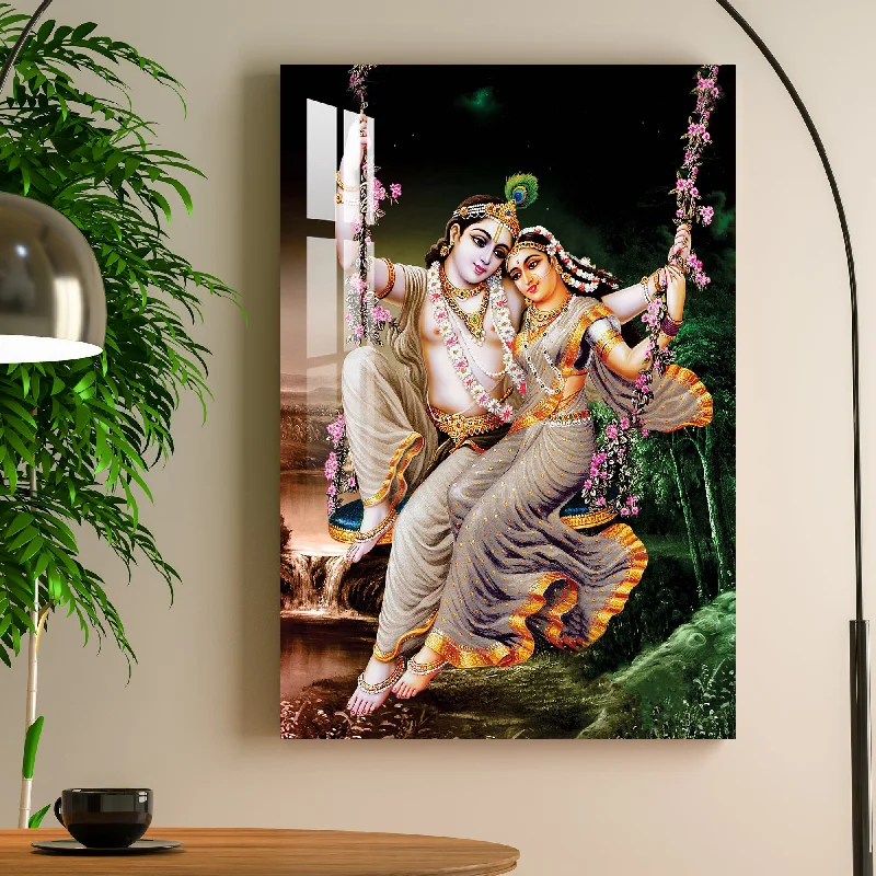 vintage poster wall art-Radha Krishna on Floral Swing Acrylic Wall Art